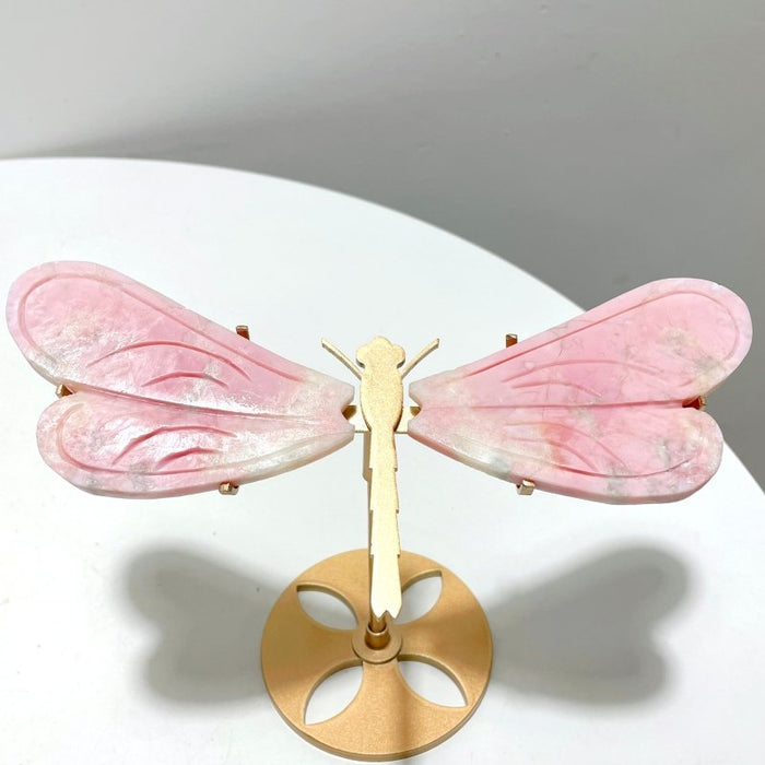 3 Pairs Pink Opal Dragonfly Wing Carving With Stand