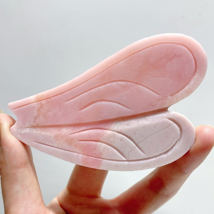 3 Pairs Pink Opal Dragonfly Wing Carving With Stand