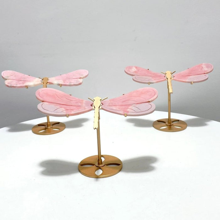 3 Pairs Pink Opal Dragonfly Wing Carving With Stand