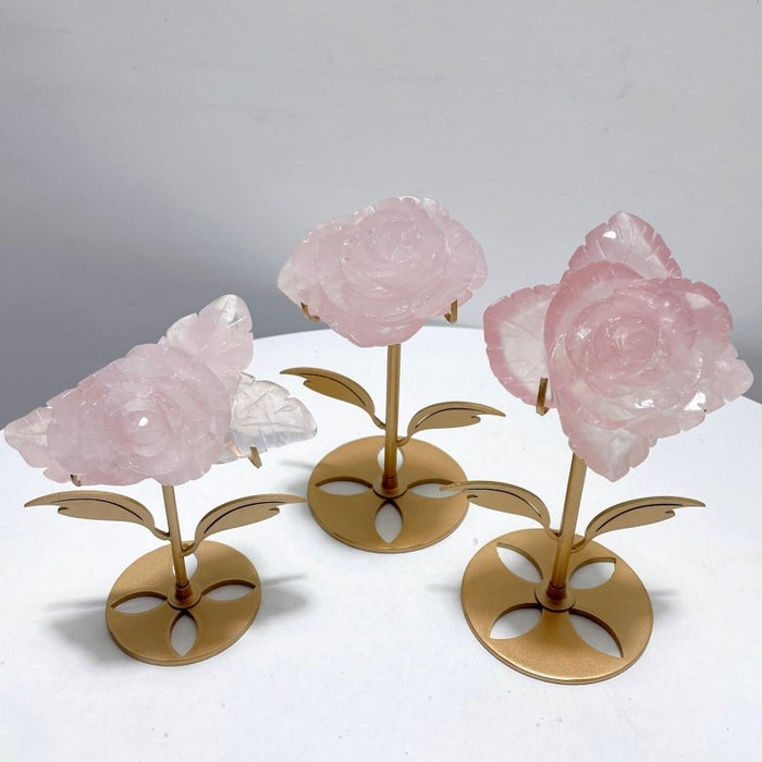 3 Pairs Rose Quartz Flower Carving With Stand