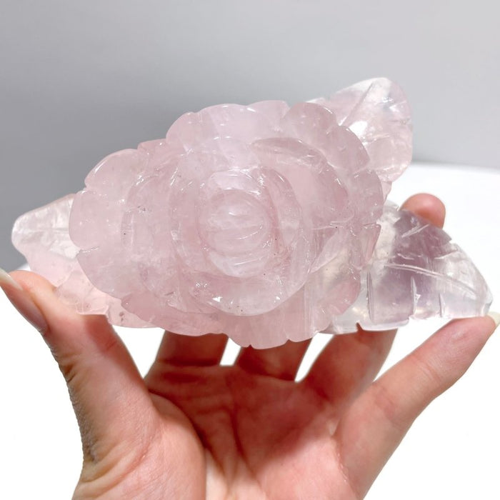 3 Pairs Rose Quartz Flower Carving With Stand