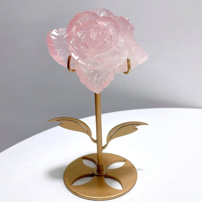 3 Pairs Rose Quartz Flower Carving With Stand