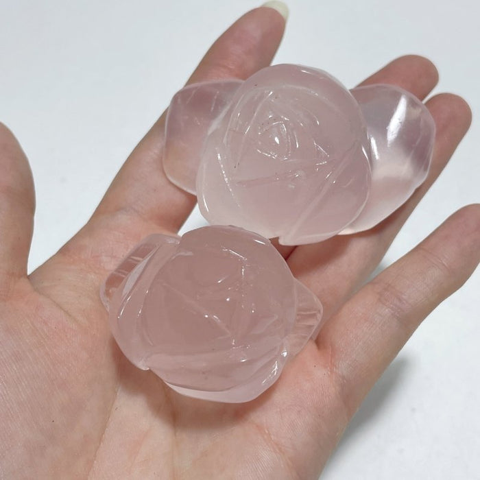 3 Pairs Rose Quartz Small Flower Carving With Stand