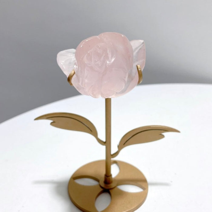 3 Pairs Rose Quartz Small Flower Carving With Stand