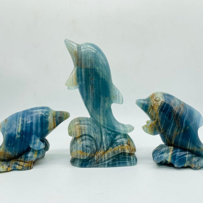 3 Pieces Beautiful Blue Onyx Dolphin Carving