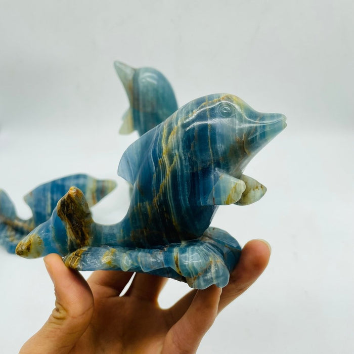 3 Pieces Beautiful Blue Onyx Dolphin Carving