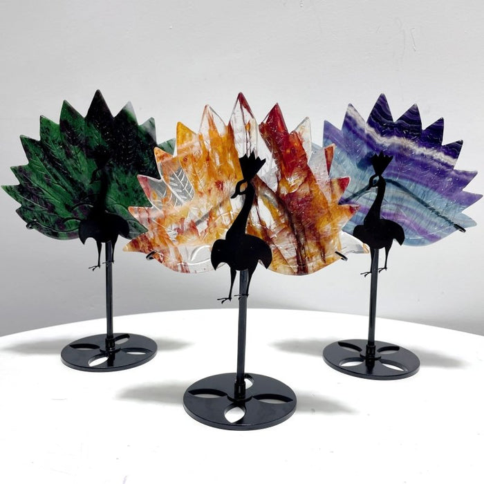 3 Pieces Beautiful Peacock With Stand Carving Fluorite Golden Hematoid Quartz