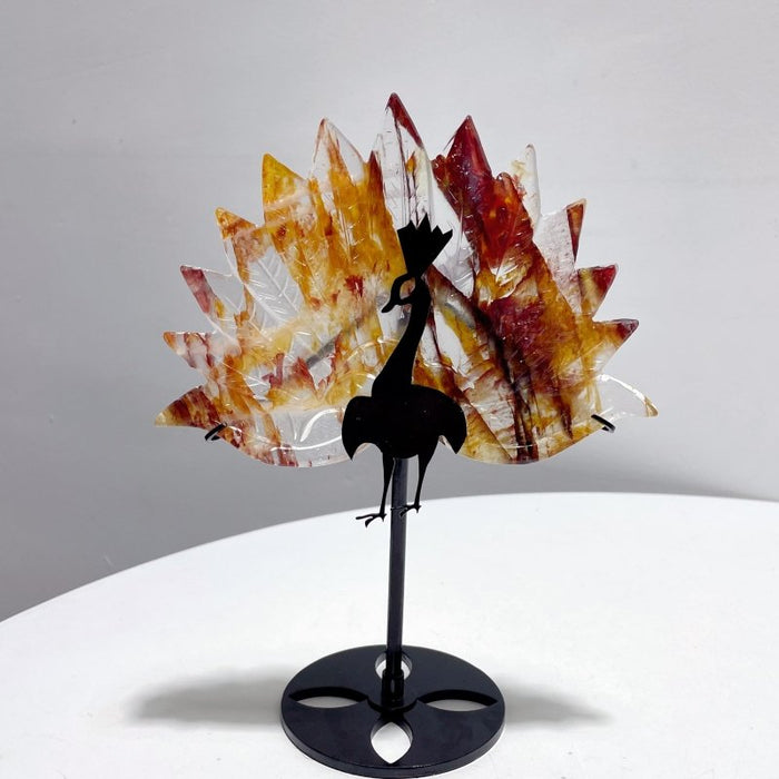 3 Pieces Beautiful Peacock With Stand Carving Fluorite Golden Hematoid Quartz