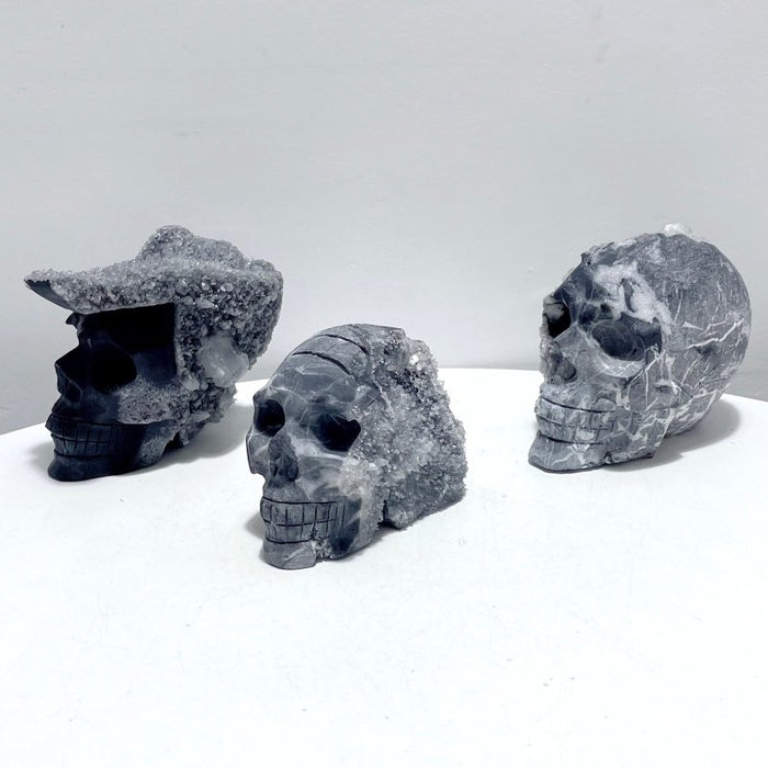 3 Pieces Black Clear Quartz Cluster Skull Carving