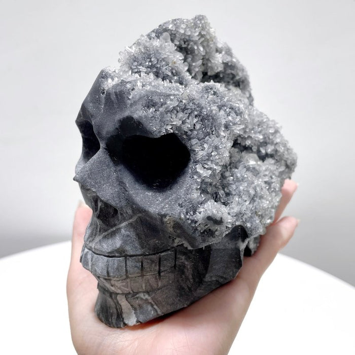 3 Pieces Black Clear Quartz Cluster (Mixed Pyrite) Skull Carving