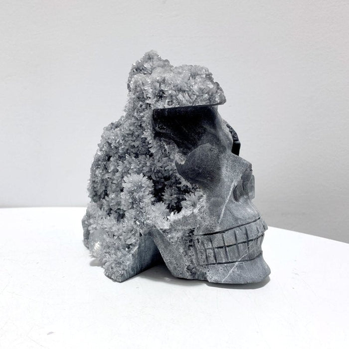 3 Pieces Black Clear Quartz Cluster (Mixed Pyrite) Skull Carving
