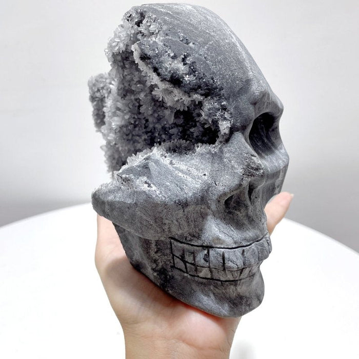 3 Pieces Black Clear Quartz Cluster (Mixed Pyrite) Skull Carving