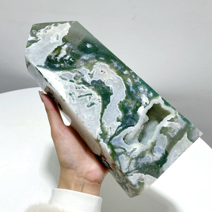 3 Pieces Large Druzy Moss Agate Geode Four-Sided Tower