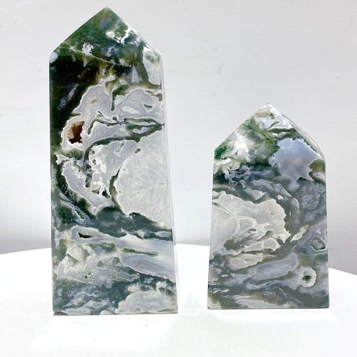 3 Pieces Large Druzy Moss Agate Geode Four-Sided Tower