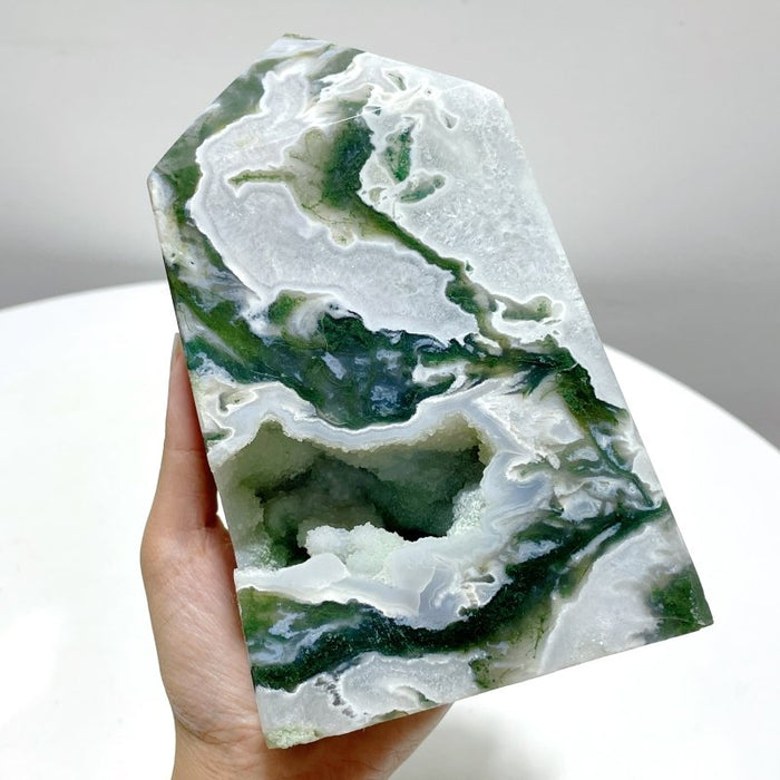 3 Pieces Large Druzy Moss Agate Geode Four-Sided Tower