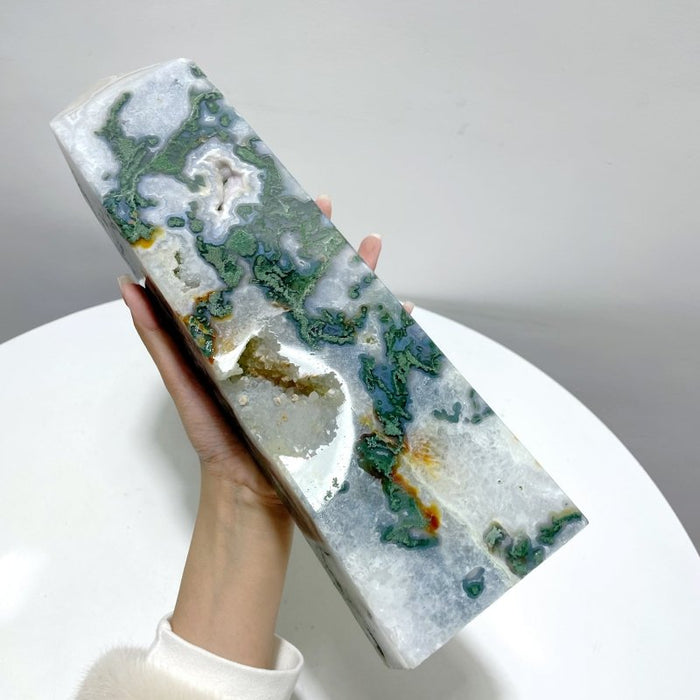 3 Pieces Large Druzy Moss Agate Geode Four-Sided Tower