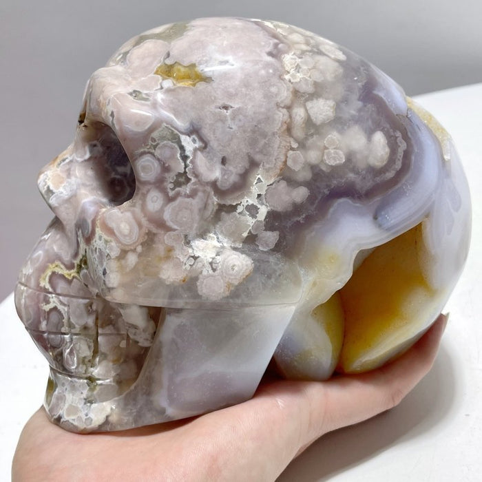 3 Pieces Large Geode Sakura Flower Agate Skull Carving