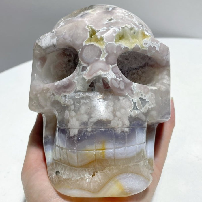 3 Pieces Large Geode Sakura Flower Agate Skull Carving