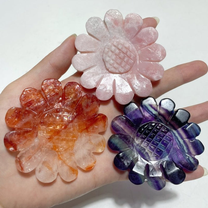 3 Pieces Sunflower Carving With Stand Pink Opal Fluorite Fire Quartz#1