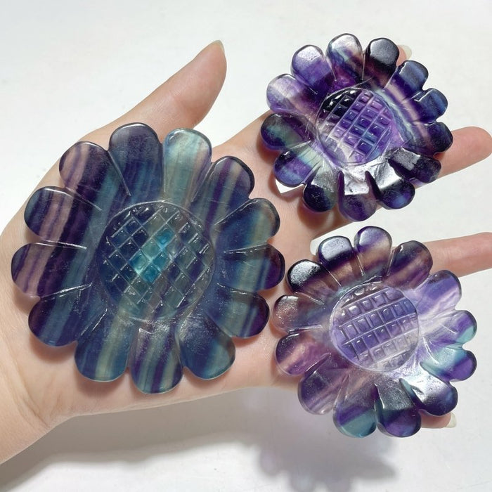 3 Pieces Sunflower Carving With Stand Pink Opal Fluorite Fire Quartz#1