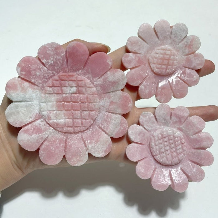 3 Pieces Sunflower Carving With Stand Pink Opal Fluorite Fire Quartz#1