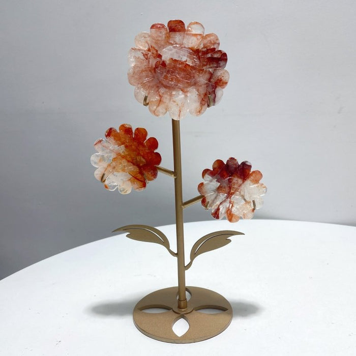 3 Pieces Sunflower Carving With Stand Pink Opal Fluorite Fire Quartz#1