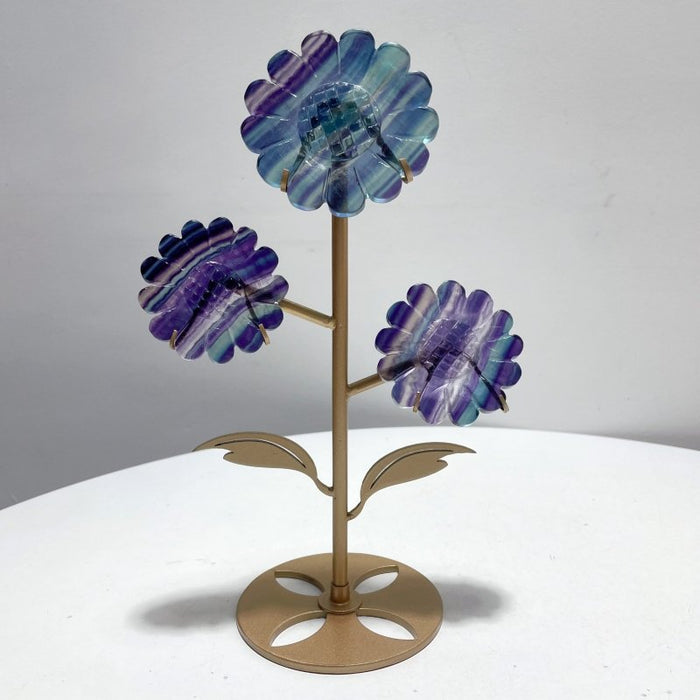 3 Pieces Sunflower Carving With Stand Pink Opal Fluorite Fire Quartz#1