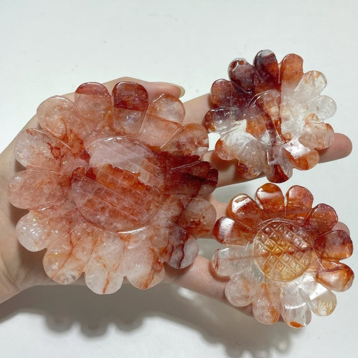 3 Pieces Sunflower Carving With Stand Pink Opal Fluorite Fire Quartz#1