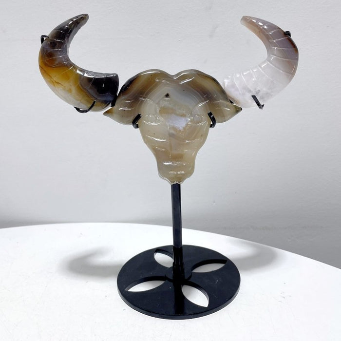 3 Pieces Unique Geode Druzy Agate Ox Head Crystal Carving With Stand