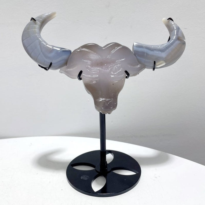 3 Pieces Unique Geode Druzy Agate Ox Head Crystal Carving With Stand