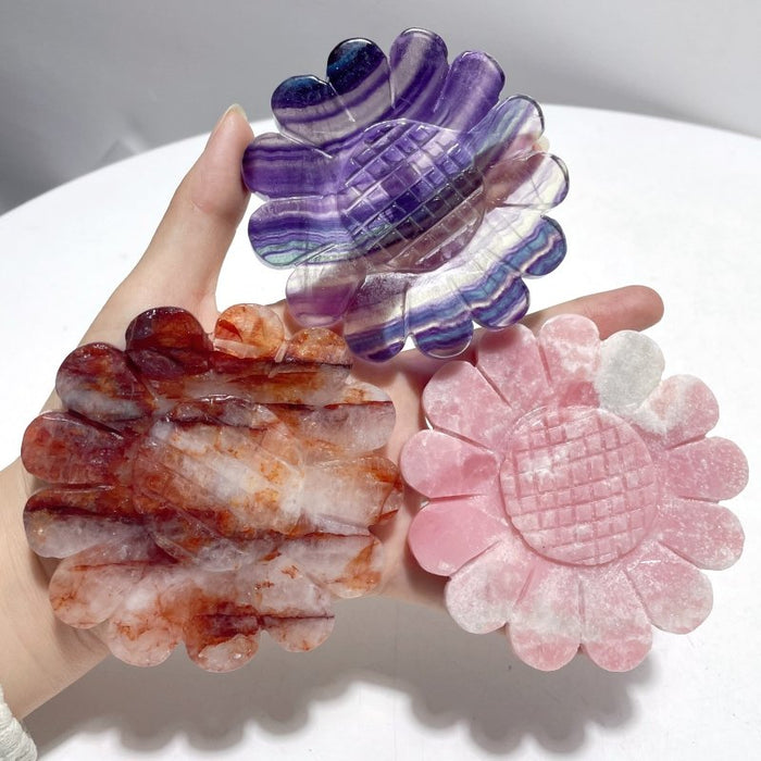 3 Pieces Unique Sunflower Carving With Stand Fire Quartz Fluorite Pink Opal#2