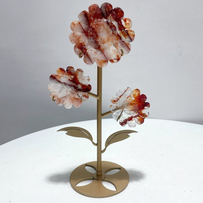 3 Pieces Unique Sunflower Carving With Stand Fire Quartz Fluorite Pink Opal#2