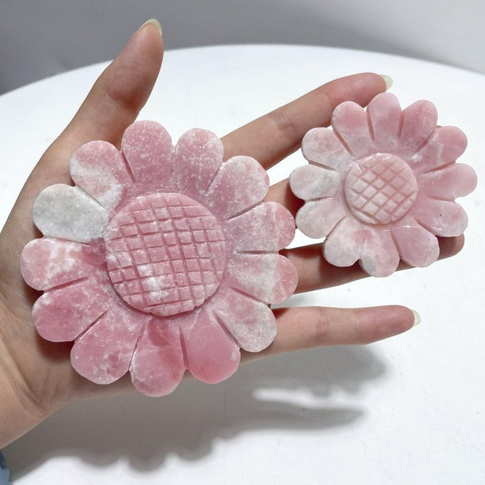3 Pieces Unique Sunflower Carving With Stand Fire Quartz Fluorite Pink Opal#2