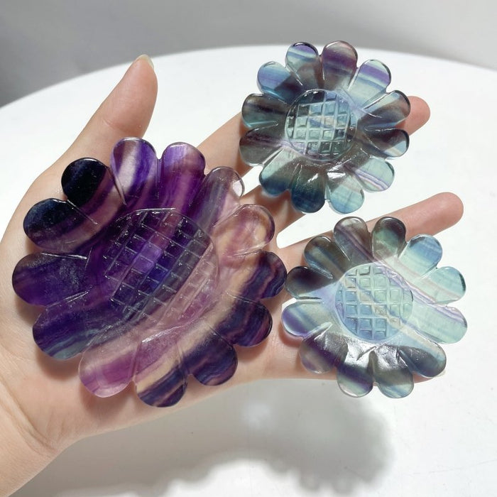 3 Pieces Unique Sunflower Carving With Stand Fire Quartz Fluorite Pink Opal#2