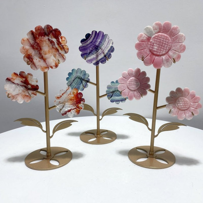 3 Pieces Unique Sunflower Carving With Stand Fire Quartz Fluorite Pink Opal#2