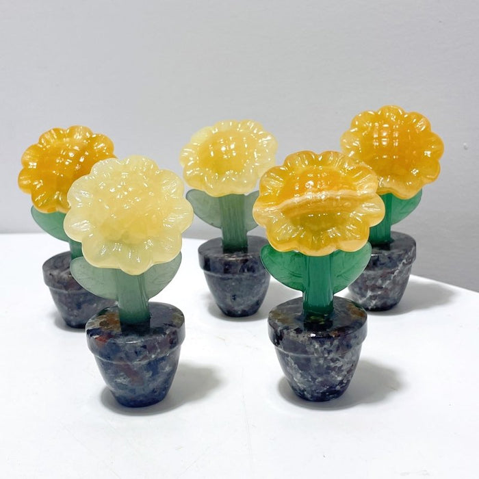 3 Types Sunflower Potted Plants Carving Wholesale Strawberry Quartz Yellow Calcite Lepidolite