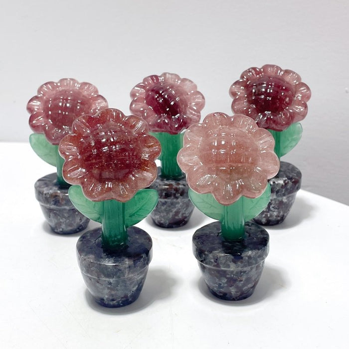 3 Types Sunflower Potted Plants Carving Wholesale Strawberry Quartz Yellow Calcite Lepidolite