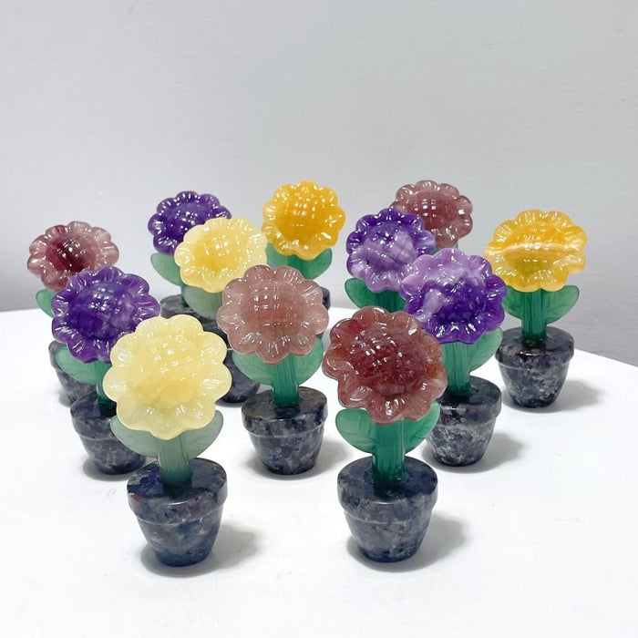 3 Types Sunflower Potted Plants Carving Wholesale Strawberry Quartz Yellow Calcite Lepidolite