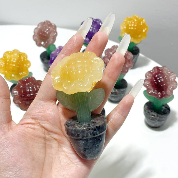 3 Types Sunflower Potted Plants Carving Wholesale Strawberry Quartz Yellow Calcite Lepidolite