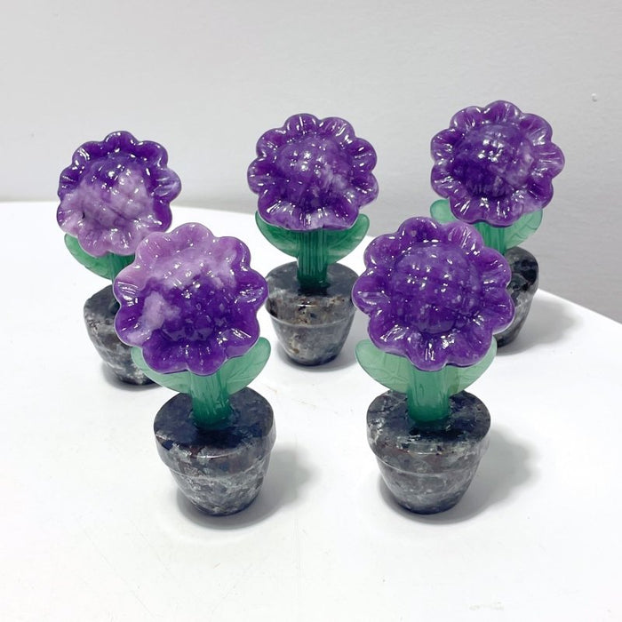 3 Types Sunflower Potted Plants Carving Wholesale Strawberry Quartz Yellow Calcite Lepidolite