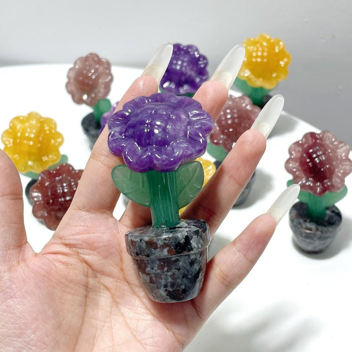 3 Types Sunflower Potted Plants Carving Wholesale Strawberry Quartz Yellow Calcite Lepidolite