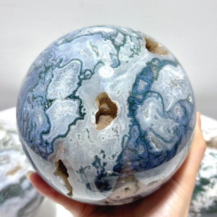 3 Pieces Large  Geode Moss Agate Large Sphere