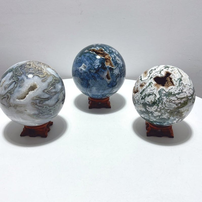 3 Pieces Large  Geode Moss Agate Large Sphere