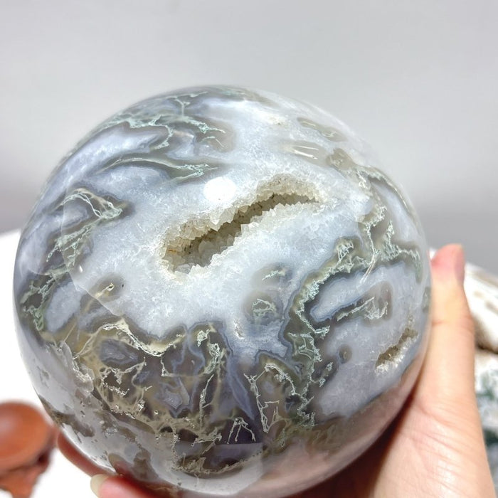 3 Pieces Large  Geode Moss Agate Large Sphere
