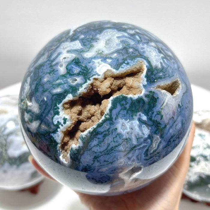 3 Pieces Large  Geode Moss Agate Large Sphere