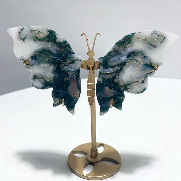 4 Pairs Butterfly Wing Carving With Stand Green Aventurine Flower Agate Moss Agate