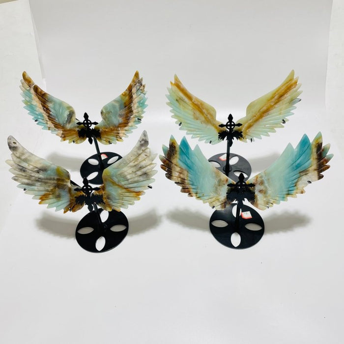 4 Pairs Caribbean Calcite Wing Carving With Cross Stand(SCC1)