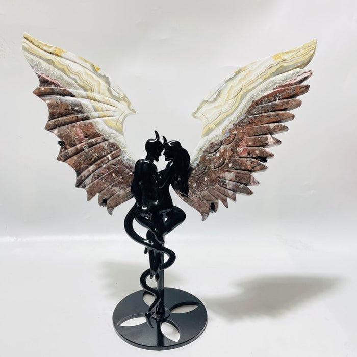 4 Pairs Demon And Angel Wing Carving With Stand Blue Onyx Calcite Morocco Agate