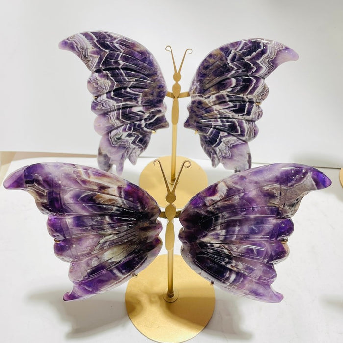 4 Pairs High Quality Large Chevron Amethyst Butterfly Carving With Stand