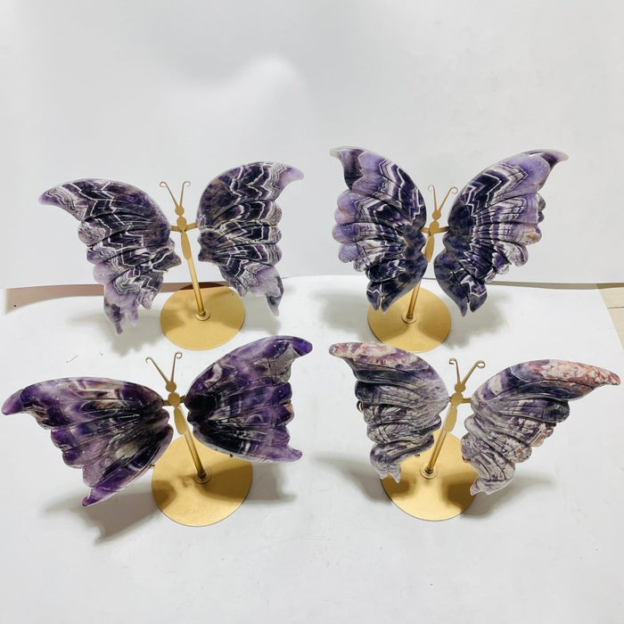 4 Pairs High Quality Large Chevron Amethyst Butterfly Carving With Stand